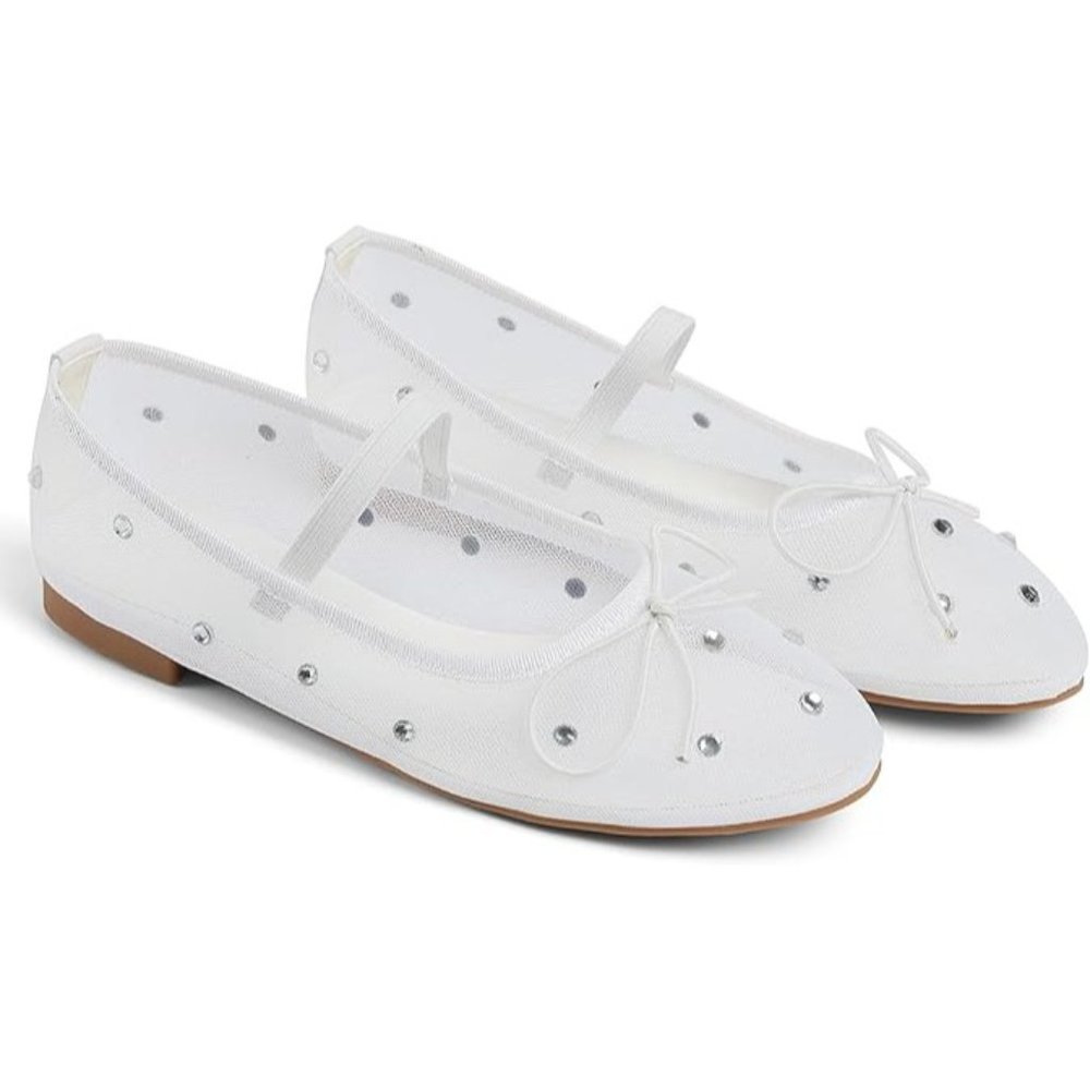 Miss Left Crystal-Embellished Mesh Flat Mary Jane Breathable Ballet Flats Ivory - Picture 2 of 6